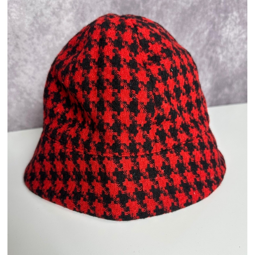 VTG Kathy Jeanne Bucket Hat Red Black Houndstooth Wool Blend Winter Hat One Size